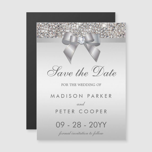 Invitación Magnética Faux Silver Sequins Bow Save The Date Boda (Anverso/Reverso)