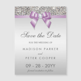 Invitación Magnética Faux Silver Sequins Lilac Bow Guardar La Fecha