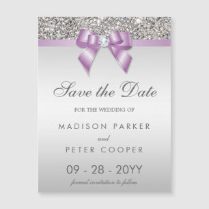 Invitación Magnética Faux Silver Sequins Lilac Bow Guardar La Fecha