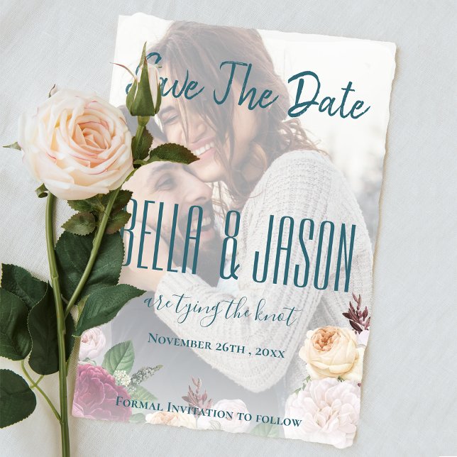 Invitación Magnética Faux Vellum Floral Photo Wedding Save the Date (Faux Vellum Floral Photo Wedding Save the Date Magnetic Invitation)