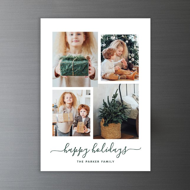 Invitación Magnética Felices fiestas | Moderno Collage de fotos Cuatro (A modern photo collage on this magnetic holiday card)