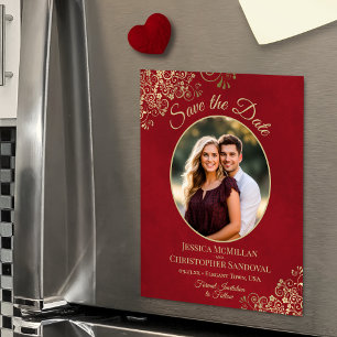 Invitación Magnética Feliciana boda elegante roja y dorada, foto ovalad