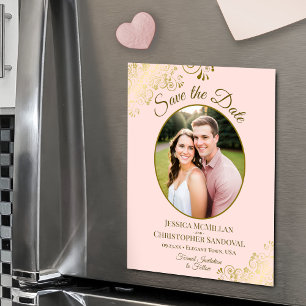 Invitación Magnética Feliciana boda elegante rosa y dorado, foto ovalad