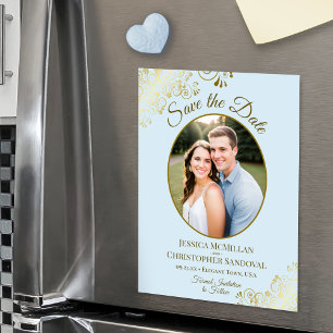 Invitación Magnética Felicitación de boda azul pálido y dorado con foto
