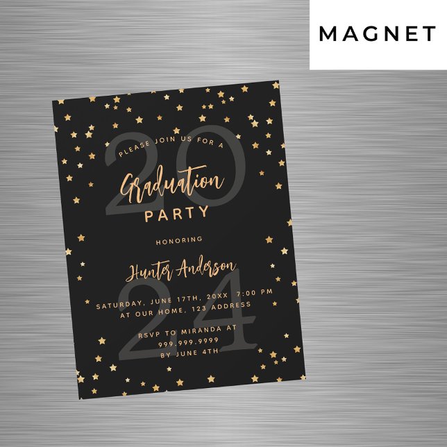 Invitación Magnética Festín de graduación estrellas de oro negro (Subido por el creador)