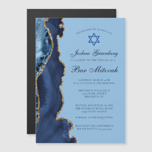 Invitación Magnética Fiesta de Bar Mitzvah de Ágata Azul y Oro Moderna