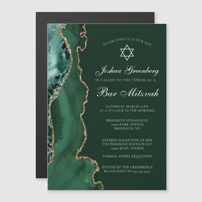 Invitación Magnética Fiesta de Bar Mitzvah de Ágata Dorada Verde Oscuro (Anverso/Reverso)