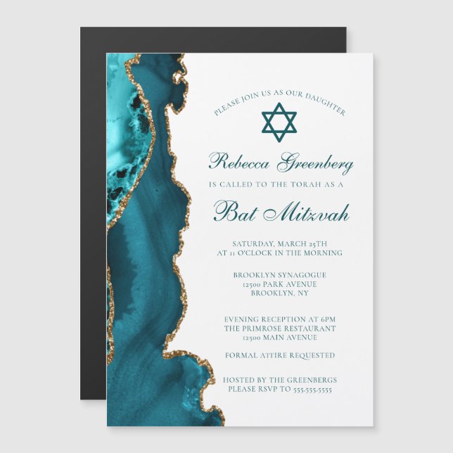 Invitación Magnética Fiesta de Bat Mitzvah Chic Turquesa Oro Ágata (Anverso/Reverso)