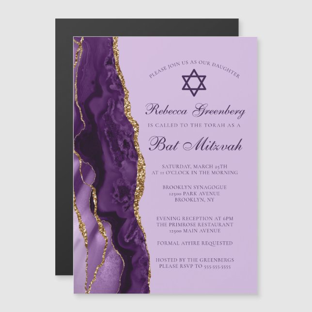 Invitación Magnética Fiesta de Bat Mitzvah Murciélago Dorado Purpura co (Anverso/Reverso)