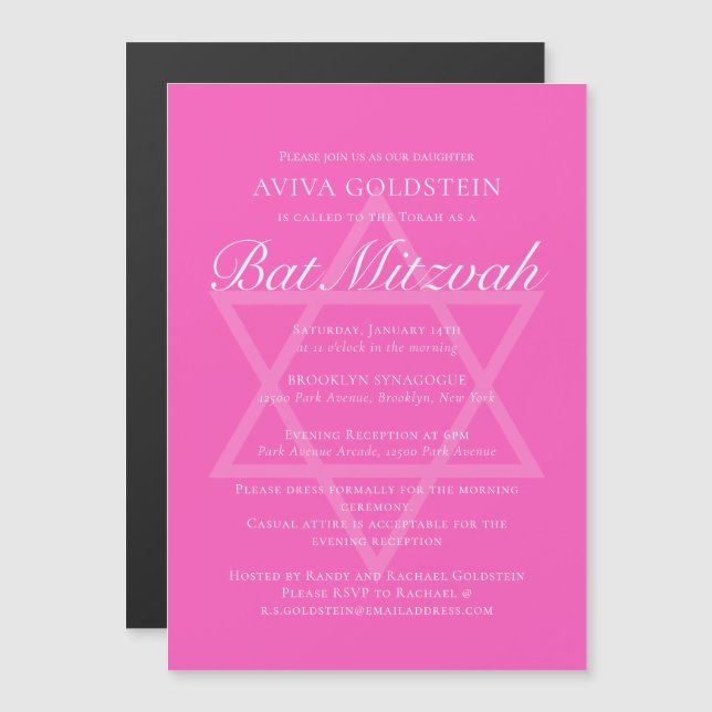 Invitación Magnética Fiesta de Bat Mitzvah Rosa Caliente Estrella de Da (Anverso/Reverso)