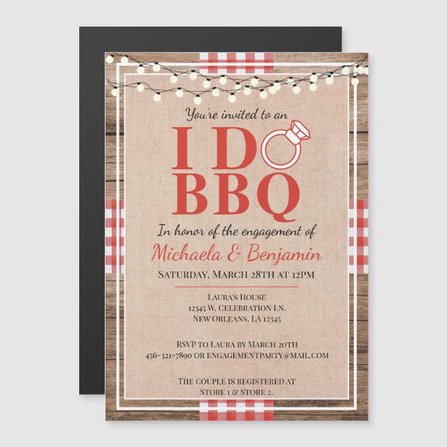 Invitación Magnética Fiesta de compromiso Rustic I Do BBQ para parejas (Anverso/Reverso)