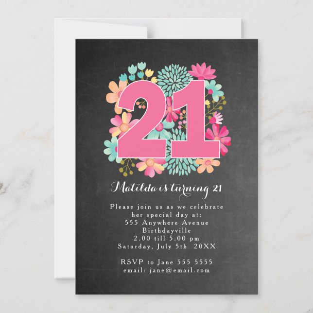 Invitación Magnética Fiesta de cumpleaños 21 de MAGNET Chalkboard Flora (Anverso)