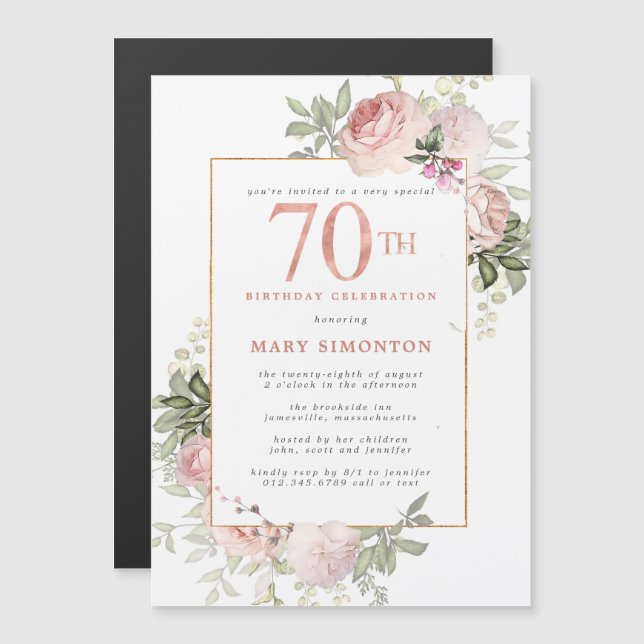 Invitación Magnética Fiesta de cumpleaños 70 de Rubor Pink Gold Floral (Anverso/Reverso)