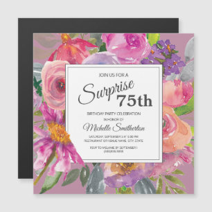 Invitación Magnética Fiesta de Cumpleaños 75 Square Flor Silvestre Rosa