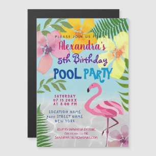 Invitación Magnética Fiesta de Cumpleaños con Flamencos Rosas en la Pis