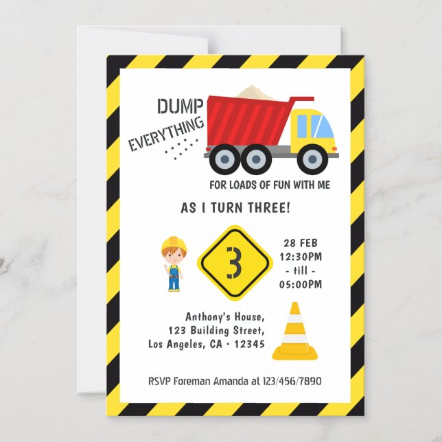 Invitación Magnética Fiesta de cumpleaños de construcción (Anverso)