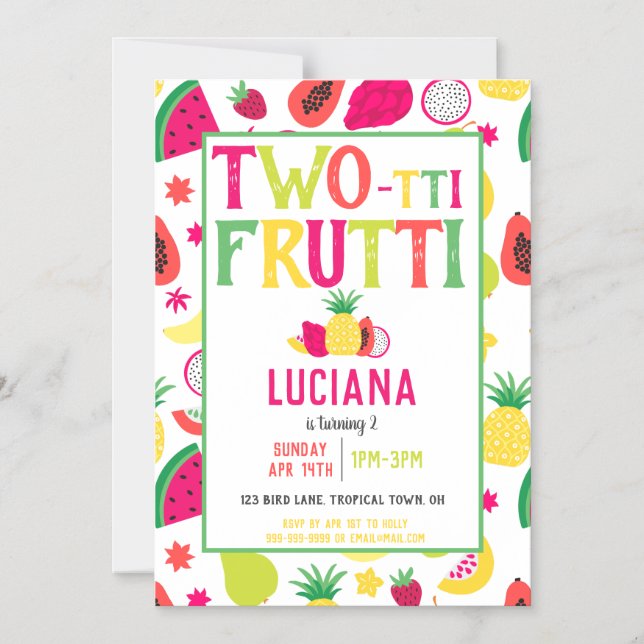 Invitación Magnética Fiesta de cumpleaños de dos tti Frutti (Anverso)