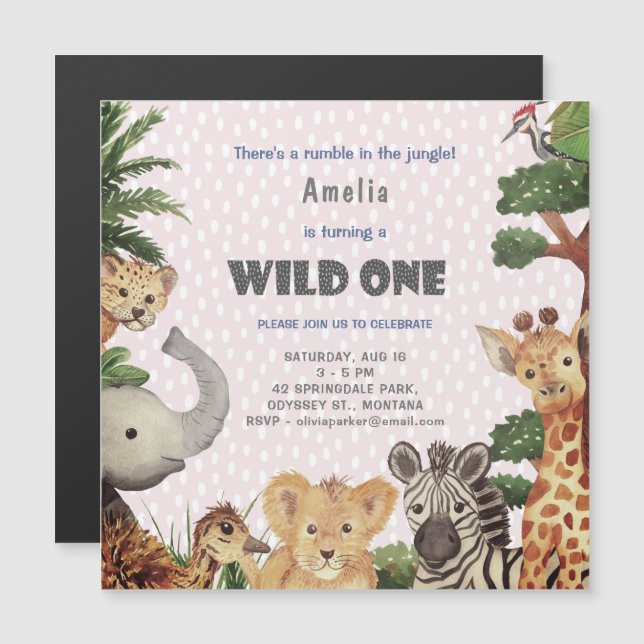 Invitación Magnética Fiesta de cumpleaños de la bebé salvaje de una jun (Anverso/Reverso)
