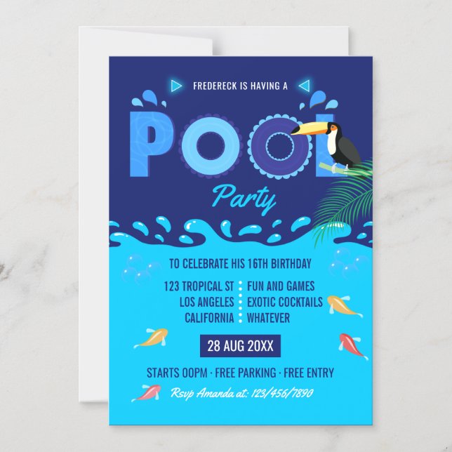 Invitación Magnética Fiesta de cumpleaños de la piscina de verano azul  (Anverso)