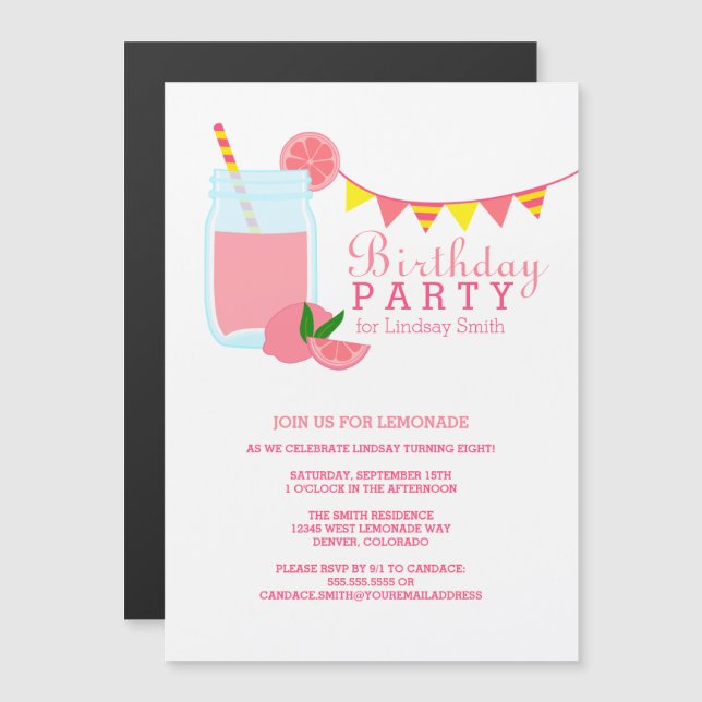 Invitación Magnética Fiesta de cumpleaños de Lemonade Rosa (Anverso/Reverso)