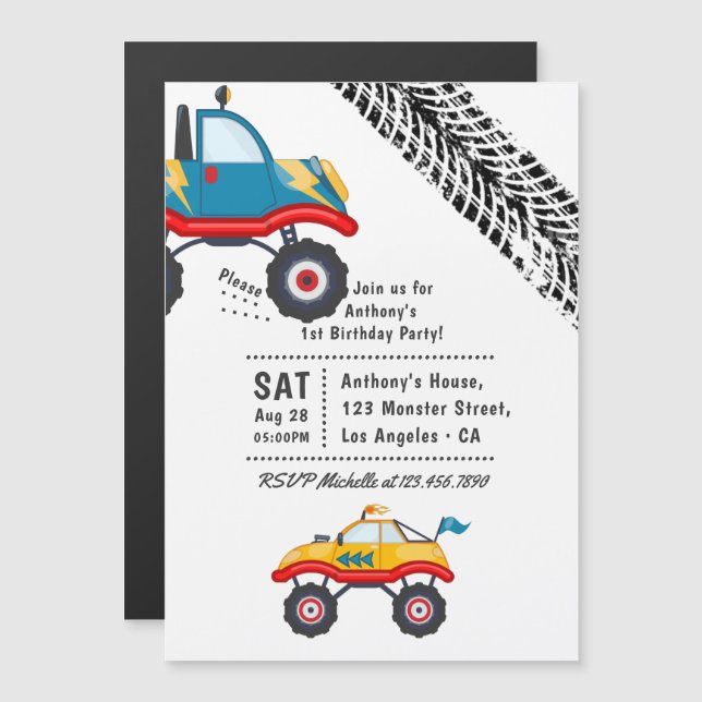 Invitación Magnética Fiesta de cumpleaños de Monster Truck (Anverso/Reverso)