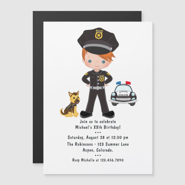 Invitación Magnética Fiesta de cumpleaños de niño con tema de policía p (Anverso/Reverso)