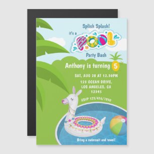 Invitación Magnética Fiesta de Cumpleaños de Piscina con Llama Flotante