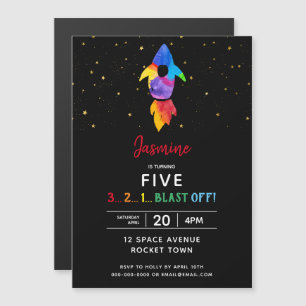 Invitación Magnética Fiesta de cumpleaños del buque con cohete arco iri