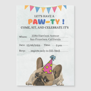 Invitación Magnética Fiesta de cumpleaños del perro de pug Puppy Paw-ty