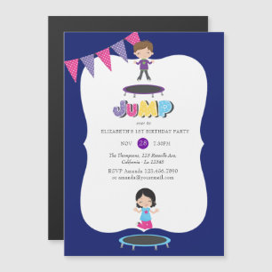 Invitación Magnética Fiesta de Cumpleaños en Trampolín Morado y Azul Re