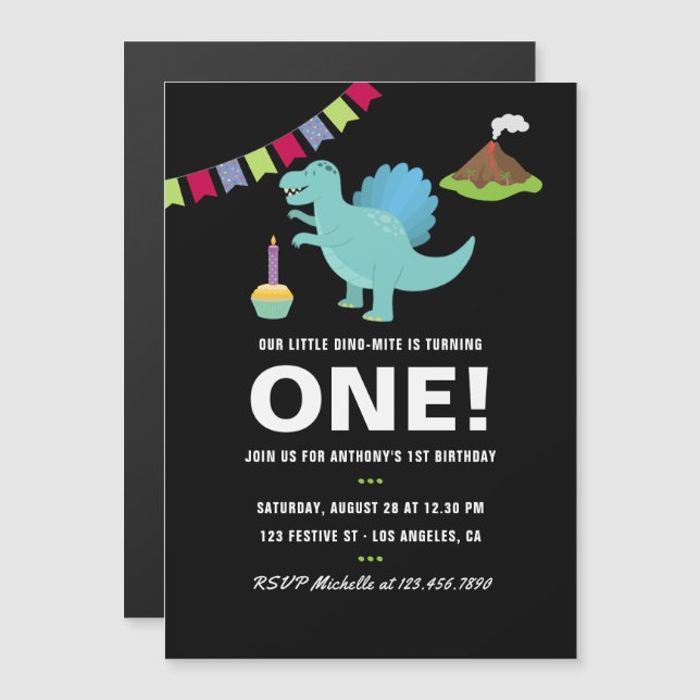 Invitación Magnética Fiesta de cumpleaños número 1 con tema de dinosaur (Anverso/Reverso)