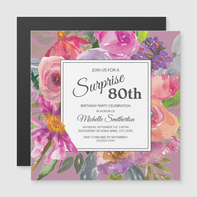 Invitación Magnética Fiesta de cumpleaños número 80 Square Flor silvest (Anverso/Reverso)