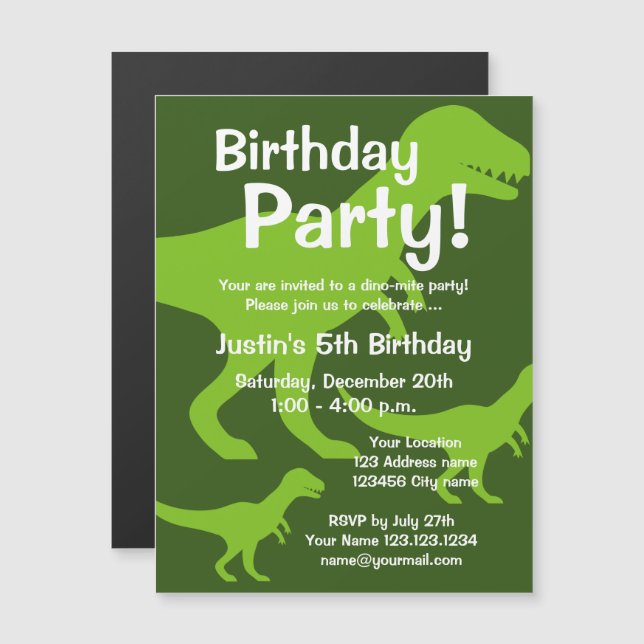 Invitación Magnética Fiesta de cumpleaños para el tema de los dinosauri (Anverso/Reverso)