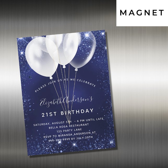 Invitación Magnética Fiesta de cumpleaños purpurina azul marino globos  (Subido por el creador)