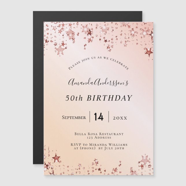 Invitación Magnética Fiesta de cumpleaños rosa de oro estrellas rosas d (Anverso/Reverso)