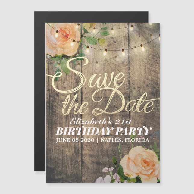 Invitación Magnética Fiesta De Cumpleaños Salven La Fecha Flores Luces  (Anverso/Reverso)