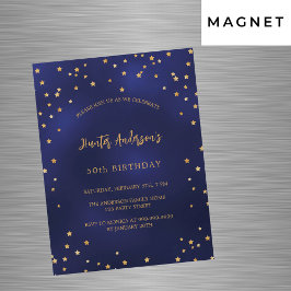 Invitación Magnética Fiesta  de estrellas doradas azul marino de cumple