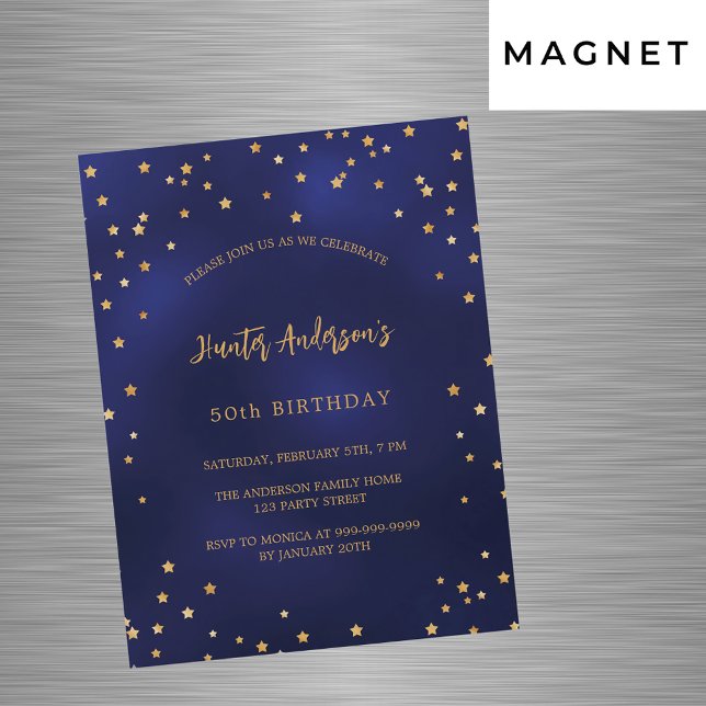 Invitación Magnética Fiesta  de estrellas doradas azul marino de cumple (Subido por el creador)