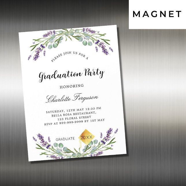 Invitación Magnética Fiesta de graduación lavender eucalipto lujo flora (Subido por el creador)