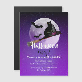 Invitación Magnética Fiesta de Halloween morada del gato negro