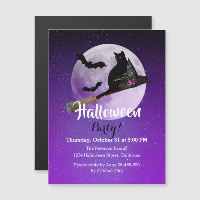 Invitación Magnética Fiesta de Halloween morada del gato negro (Anverso/Reverso)