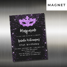 Invitación Magnética Fiesta de mascarada purpurina púrpura negro