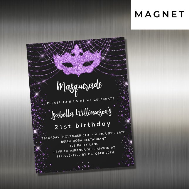 Invitación Magnética Fiesta de mascarada purpurina púrpura negro (Subido por el creador)