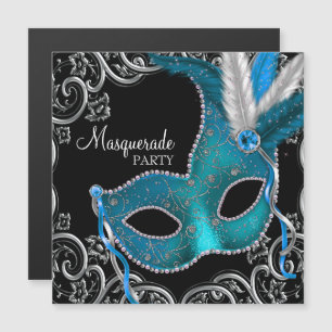 Invitación Magnética Fiesta de Máscaras Azul Verde y Negro