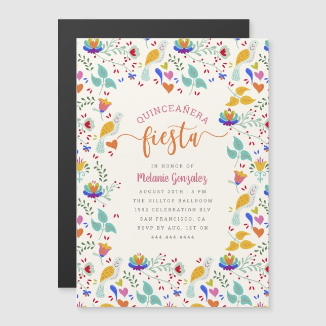 Invitación Magnética Fiesta de Quinceañera floral de arte folclórico me (Anverso/Reverso)