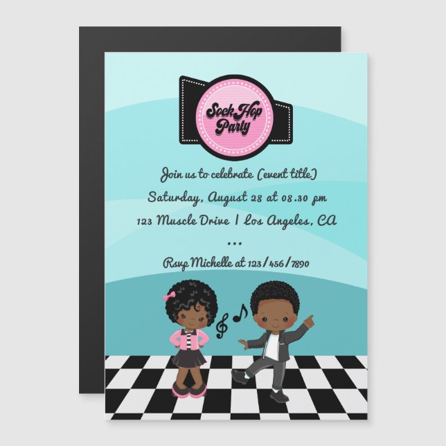Invitación Magnética Fiesta de Sock Hop (Anverso/Reverso)