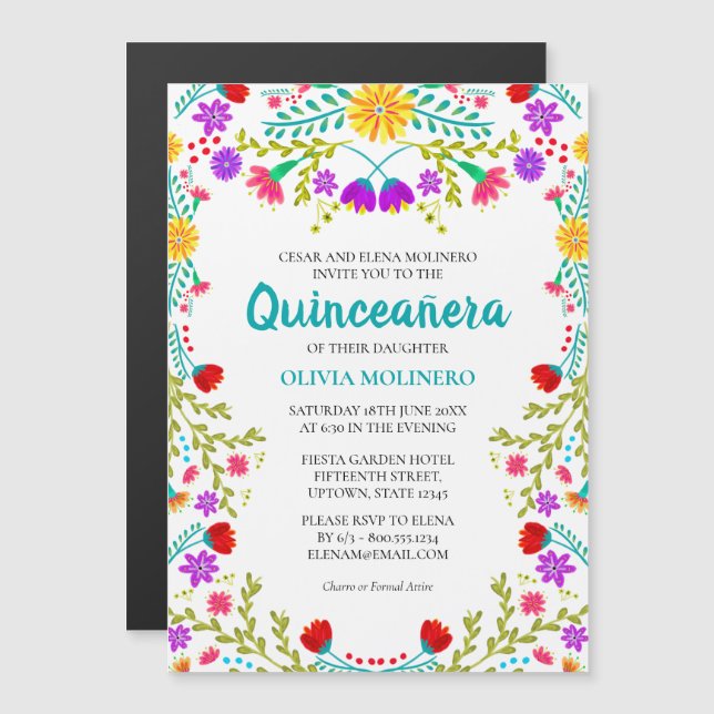 Invitación Magnética Fiesta floral mexicana 15 cumpleaños Quinceanera (Anverso/Reverso)