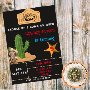 Invitación Magnética Fiesta Occidental Cumpleaños Cactus Cowgirl