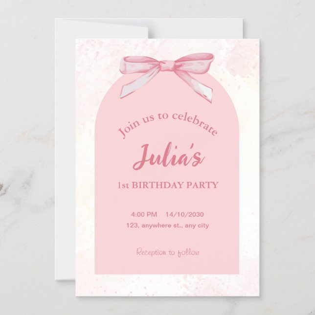 Invitación Magnética Fiesta rosado de primer cumpleaños Invite a Chica (Anverso)