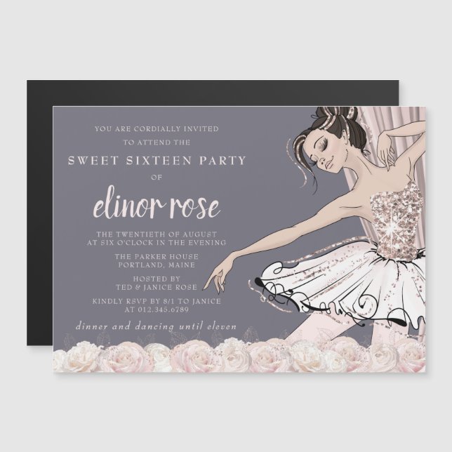 Invitación Magnética Fiesta Rubor Pink Ballerina Sweet 16 (Anverso/Reverso)